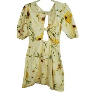 H&M Yellow Floral Open Front Back Tie Mini Dress Small